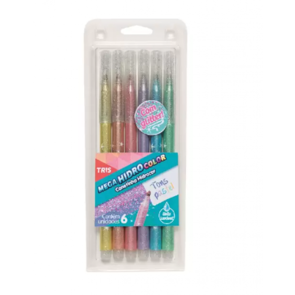 Caneta Hidrog Tris Mega Hidro Pastel c/ Glitter 6 un